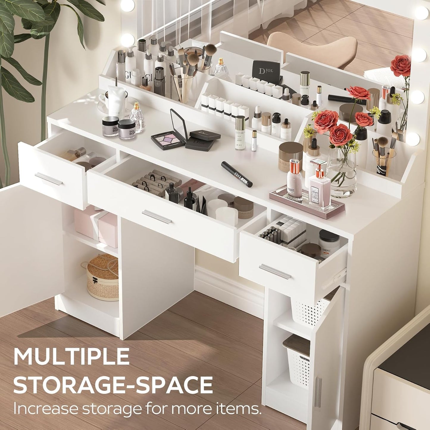 47.5” Vanity Desk with Large Mirror, 3 Colour Lighting Modes, Adjustable Brightness, Dresser with 3 Drawers & 2 Vertical Cabinets, Makeup Vanity Table for Women Girls