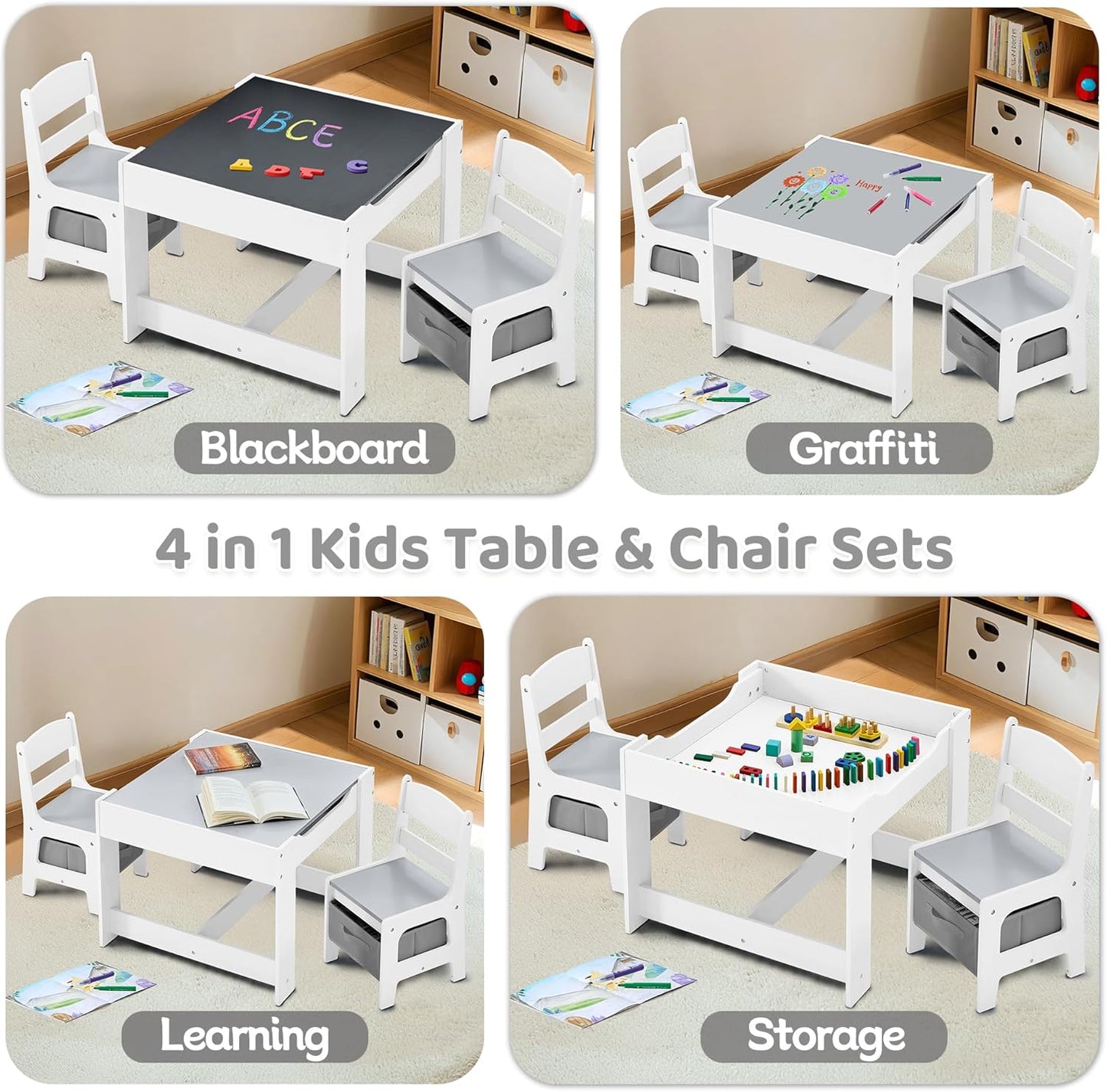 Kids Table and Chairs Set, 4 in 1 Wooden Kids Table with Reversible Tabletop, Children Activity Table with Removable Tabletop Storage, Toddler Table and Chair Set for Home, Nursery, Playroom