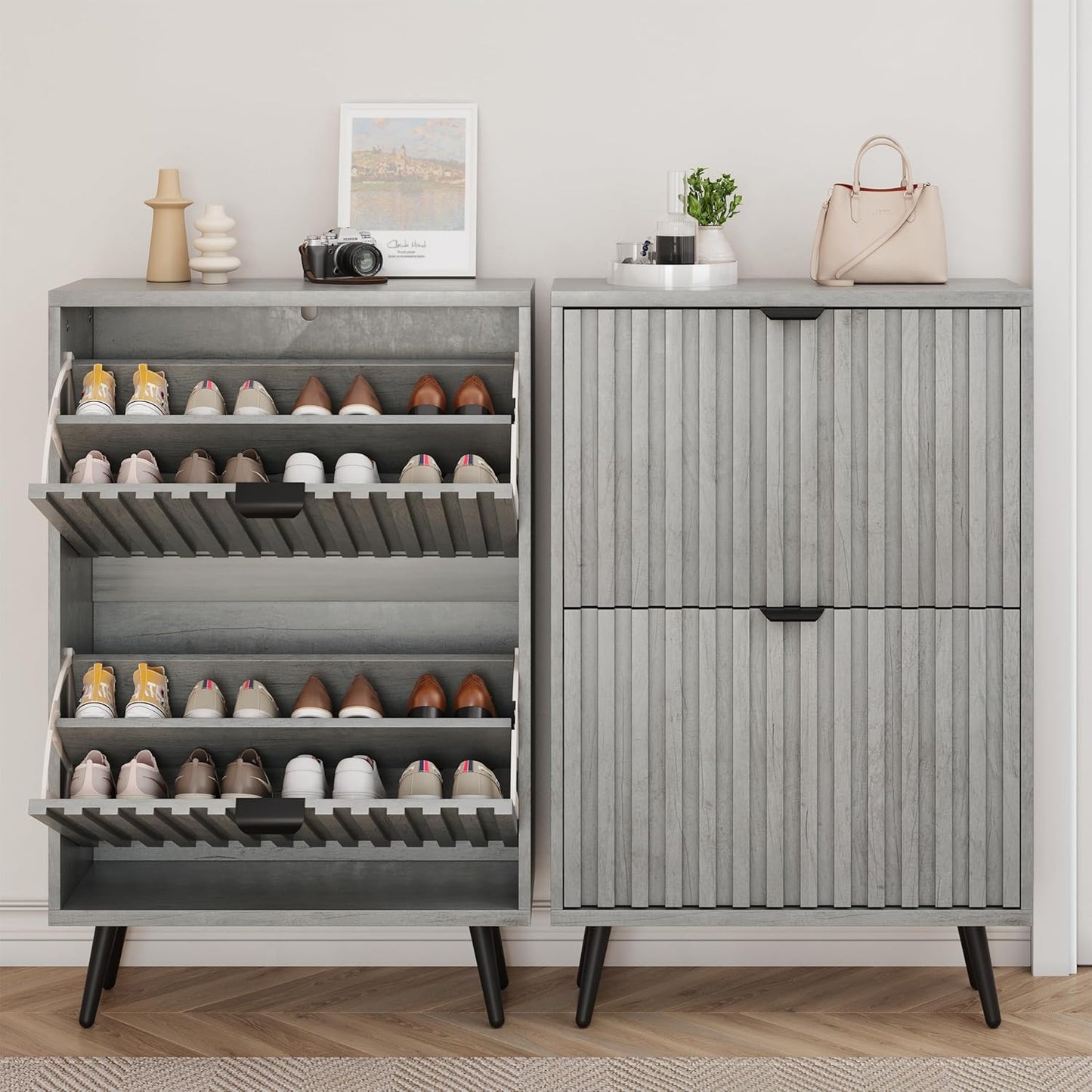 Smuxee Shoe Cabinet with 2 Flip Drawers, 23.6" Grey Hidden Shoe Storage Cabinet with Fluted Design, Freestanding Shoe Organizer Cabinet for Entryway, Hallway, Living Room, Closet