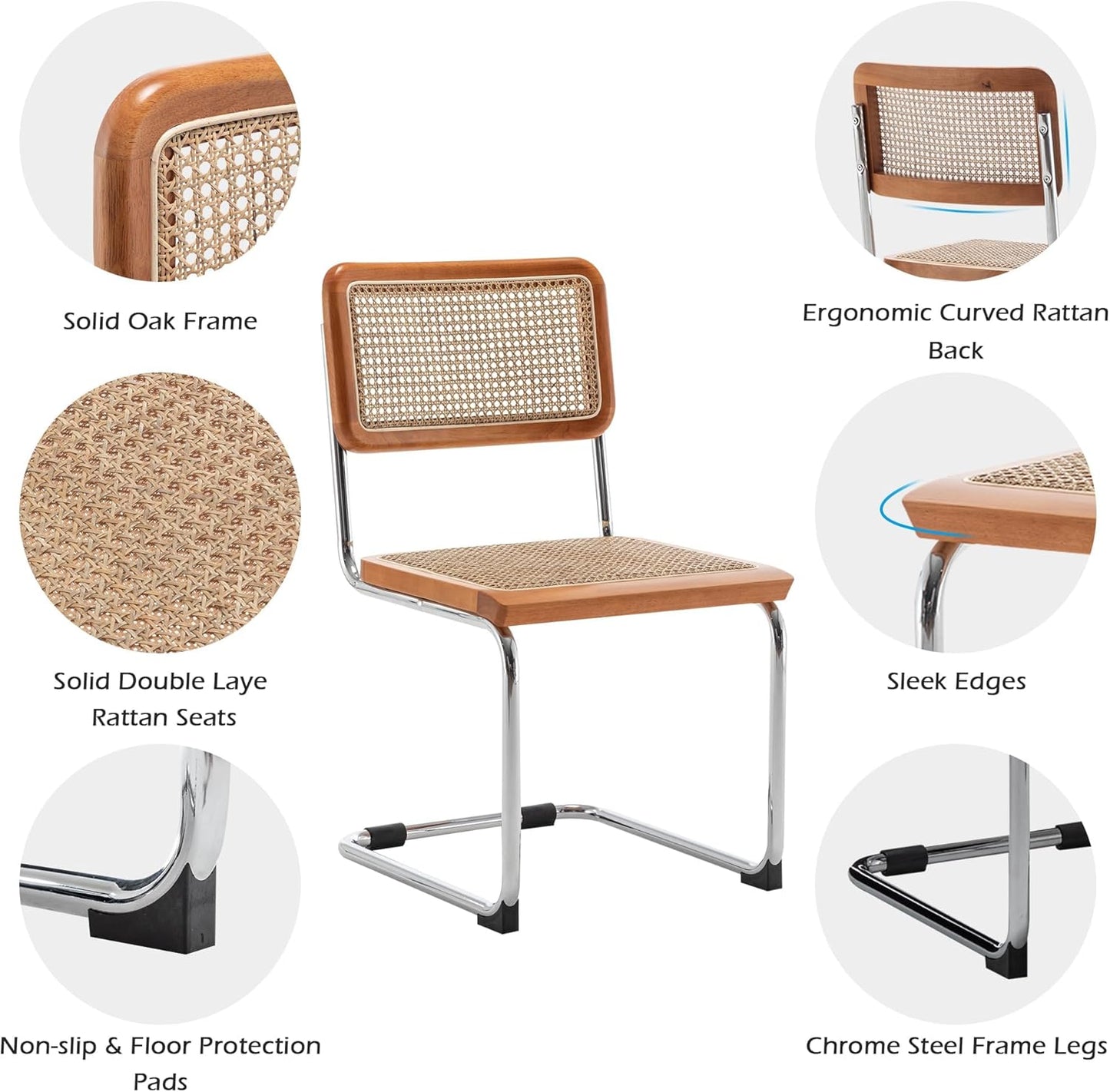 Rattan Dining Chairs Set of 2 Mid Century Modern Dining Room Chairs with Natural Rattan Woven Backrest with Metal Legs, Brown