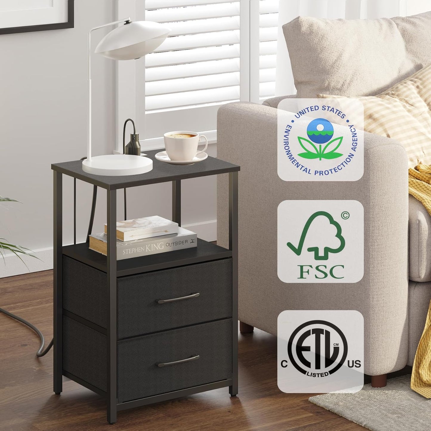 TUTOTAK End Table with Charging Station, Night Stand, Side Table with 2 USB Ports and Outlets, Nightstand with Cloth Drawer, Bedside Table for Livingroom, Bedroom Black TB01BK088