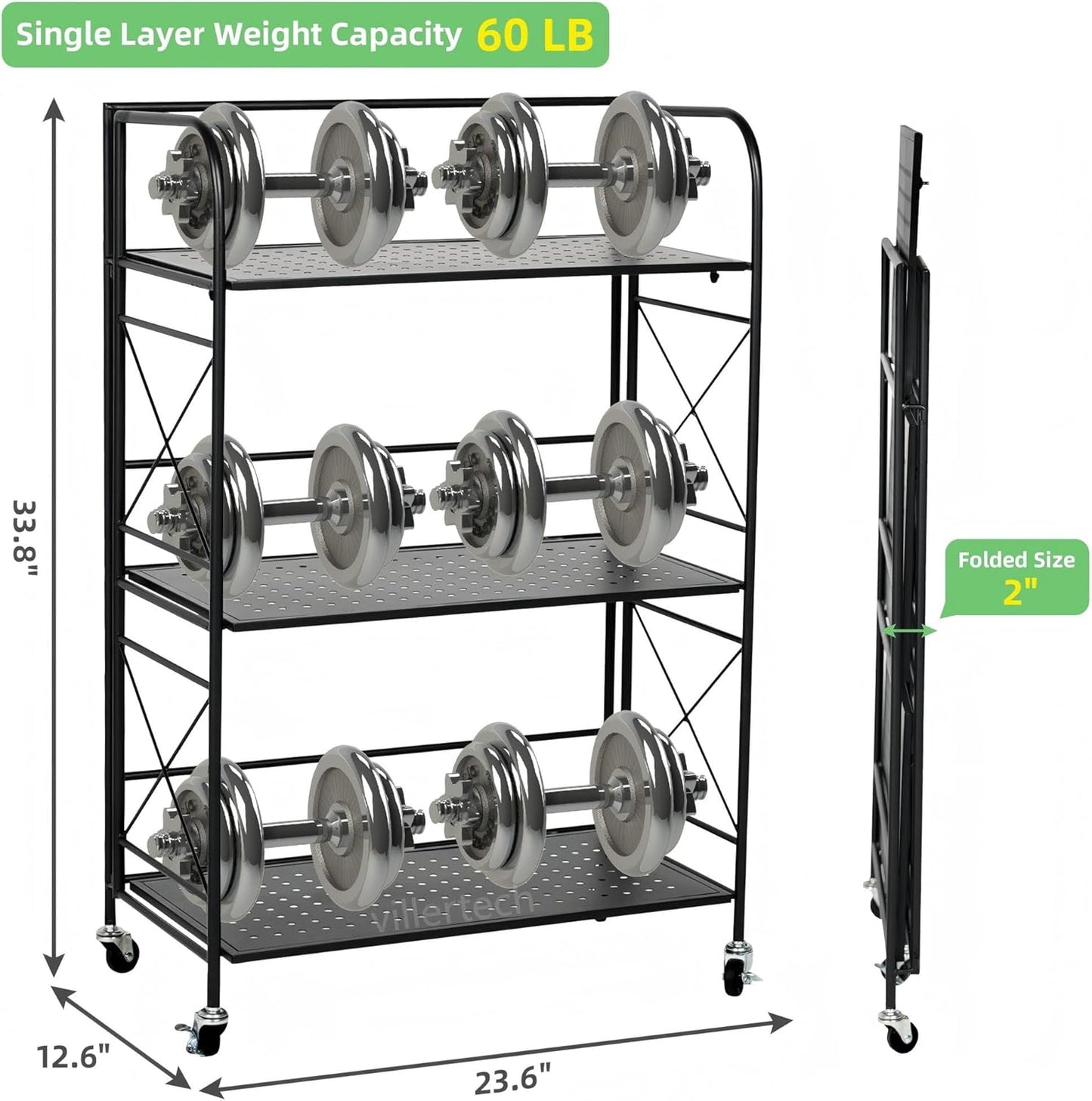 Foldable 3-Tier Metal Shelf with Wheels - Folding Bookshelf Unit for Living Room, Kitchen, Study 12.6" D x 23.6" W x 33.8" H, Matte Black