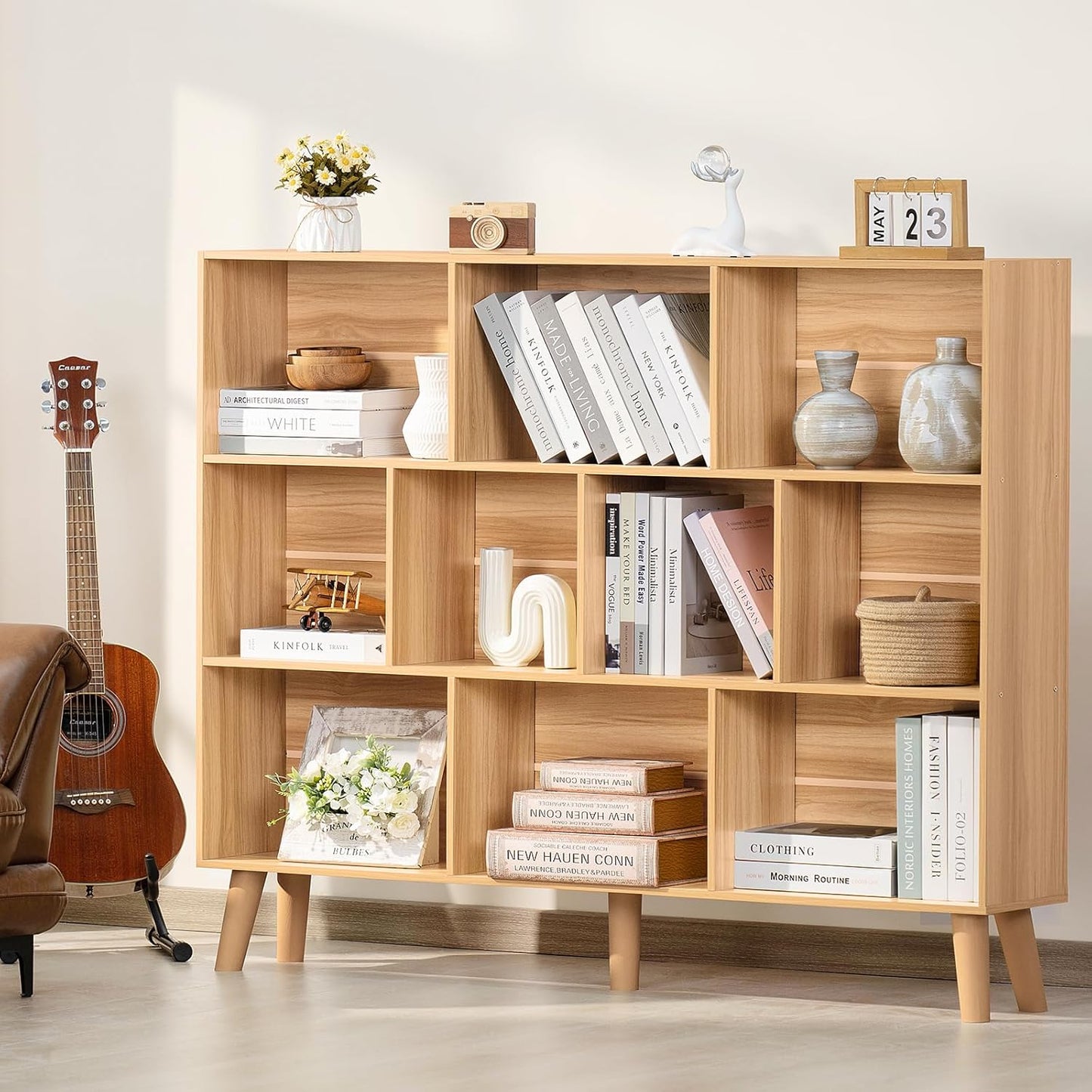 LEYAOYAO 10 Cube Bookshelf,3 Tier 55.12" Wide Boho Bookcase with Legs,Mid-Century Wood Bookshelves Storage,Natural Large Book Case,Freestanding Organizer Display Shelf for Bedroom,Living Room,Office