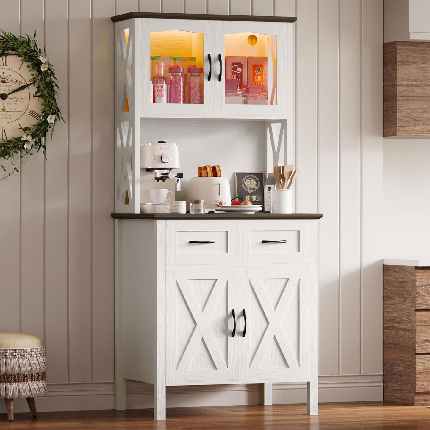 IRONCK 71" Pantry Cabinet with LED Lights and Charging Station, Tall Kitchen Storage Cabinet with Microwave Stand, Farmhouse Kitchen Hutch for Dining Room, White