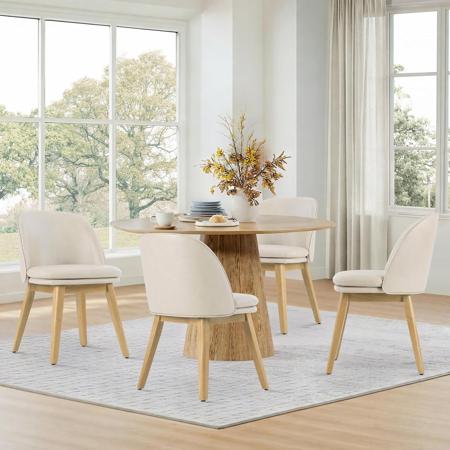 Wooden Dining Chairs Set of 4, Faux Leather Upholstered Modern Dining Room Chairs with Double-Layer Thick Seat Cushion & Ergonomic Backrest for Restaurant, Kitchen and Café, Beige, 2 Boxs