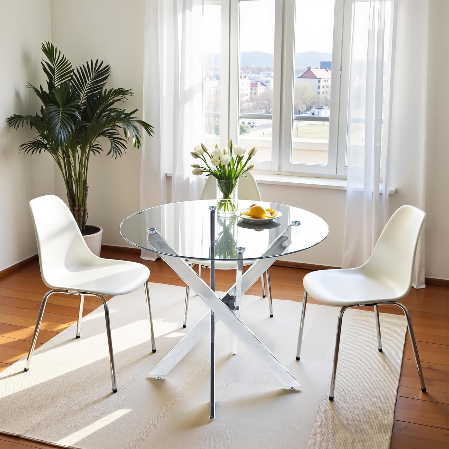 Dining Table for 4 Modern Round Dining Table 35.43" Kitchen & Dining Room Tables with Metal Legs and Glass Tabletop for Dining Room and Apartment, Chrome