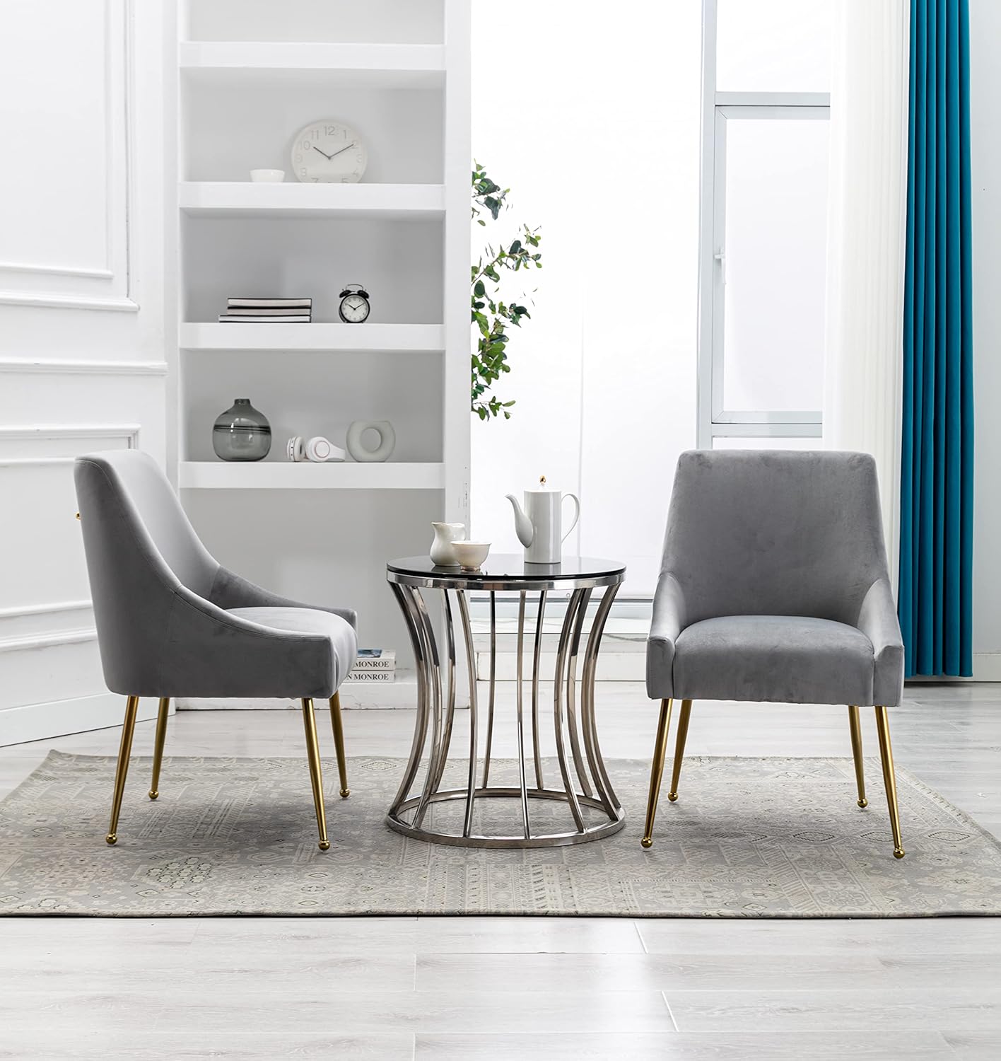 Velvet Dining Chairs, Furniture Collection Modern Contemporary Upholstered with Polished Gold Metal Legs, Set of 4(Light Grey)