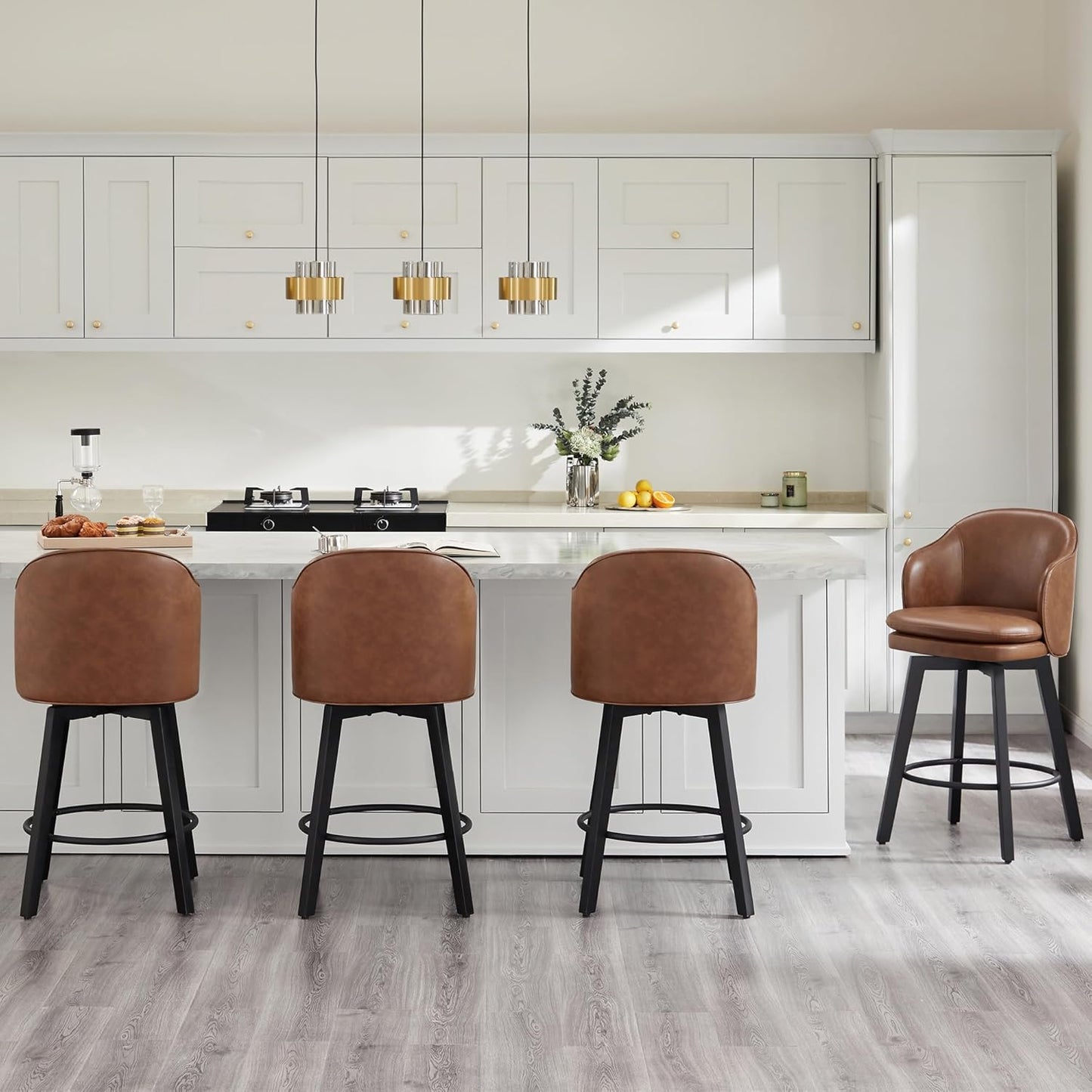 Counter Height Barstools 26 inch Upholstered Swivel Bar Stools with Back and Wood Legs for Kitchen Island,Set of 2,Brown PU Leather