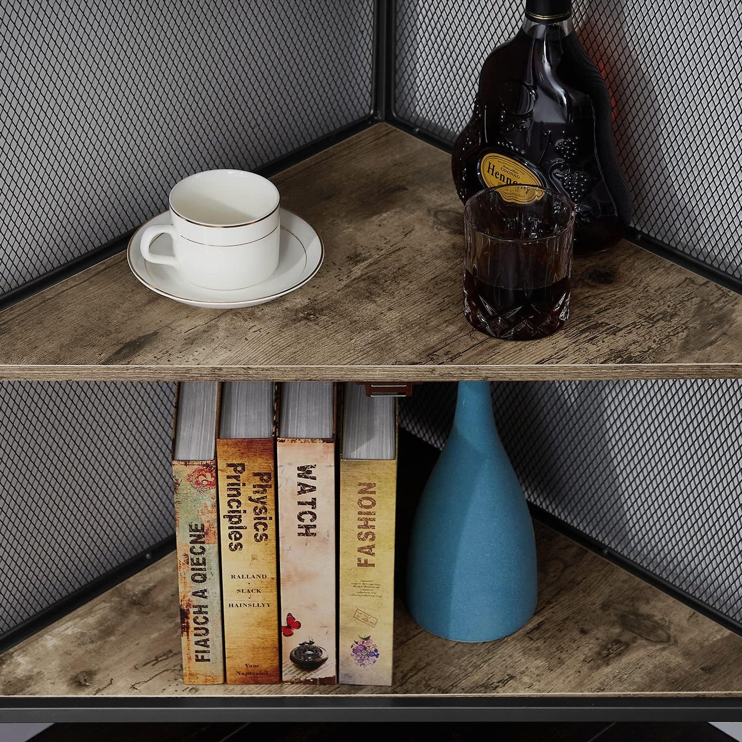 VECELO Corner Cabinet/Table, 3-Tier Shelves with Protection Door, Metal Frame Storage Shelf Organizer for Small Space, Living Room, Kitchen, Bathroom, Set of 1, Grey