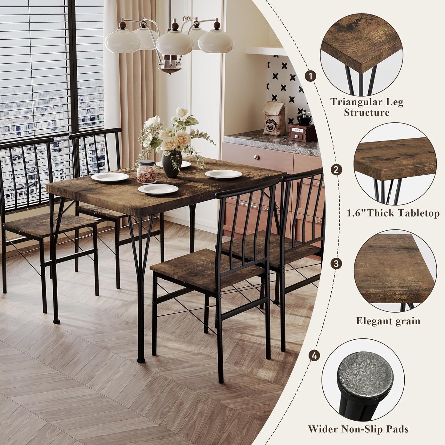 5 Piece Dining Table Set with 1.6" Thick Desktop, Modern Metal&Wood Kitchen Dinner Table with 4 Chairs, Dining Room Table Sets for Small Spaces, Brown