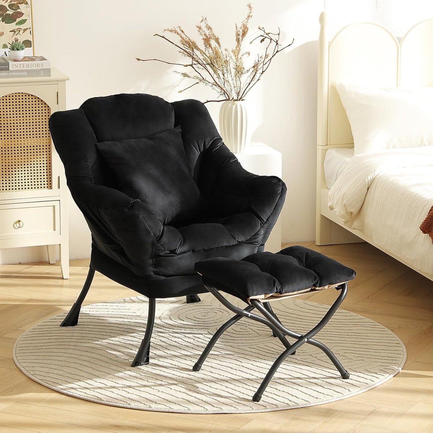 Lazy Chair with Ottoman, Modern Lounge Accent Chair with a Pillow, Leisure Sofa Armchair Set, Reading Chair with Footrest for Living Room, Bedroom, Dorm Room, Office, Velvet Black