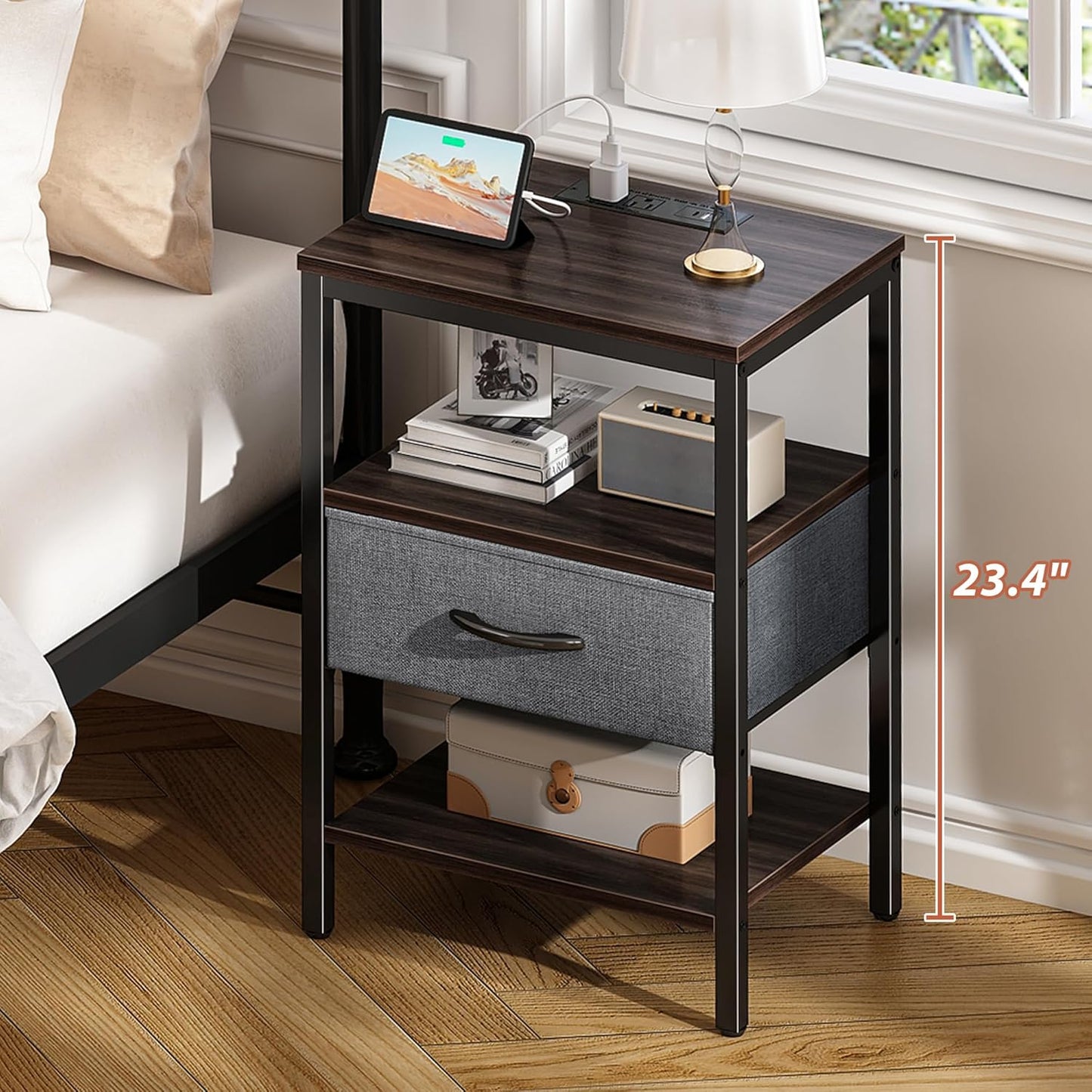 SUPERJARE Nightstand with Charging Station, Bed Side Table with Adjustable Fabric Drawer, Night Stand for Bedroom, 3-Tier Storage End Table, for Living Room - Walnut