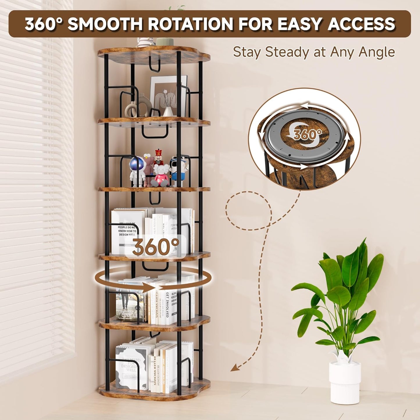 5-Tier Rotating Book Shelf, 360° Display Spinning Bookshelf Tower, Book Organizer, Floor Standing Bookcases for Small Space, Corner Book Shelf for Bedroom, Living Room, Study Room (RUSTIC BROWN)