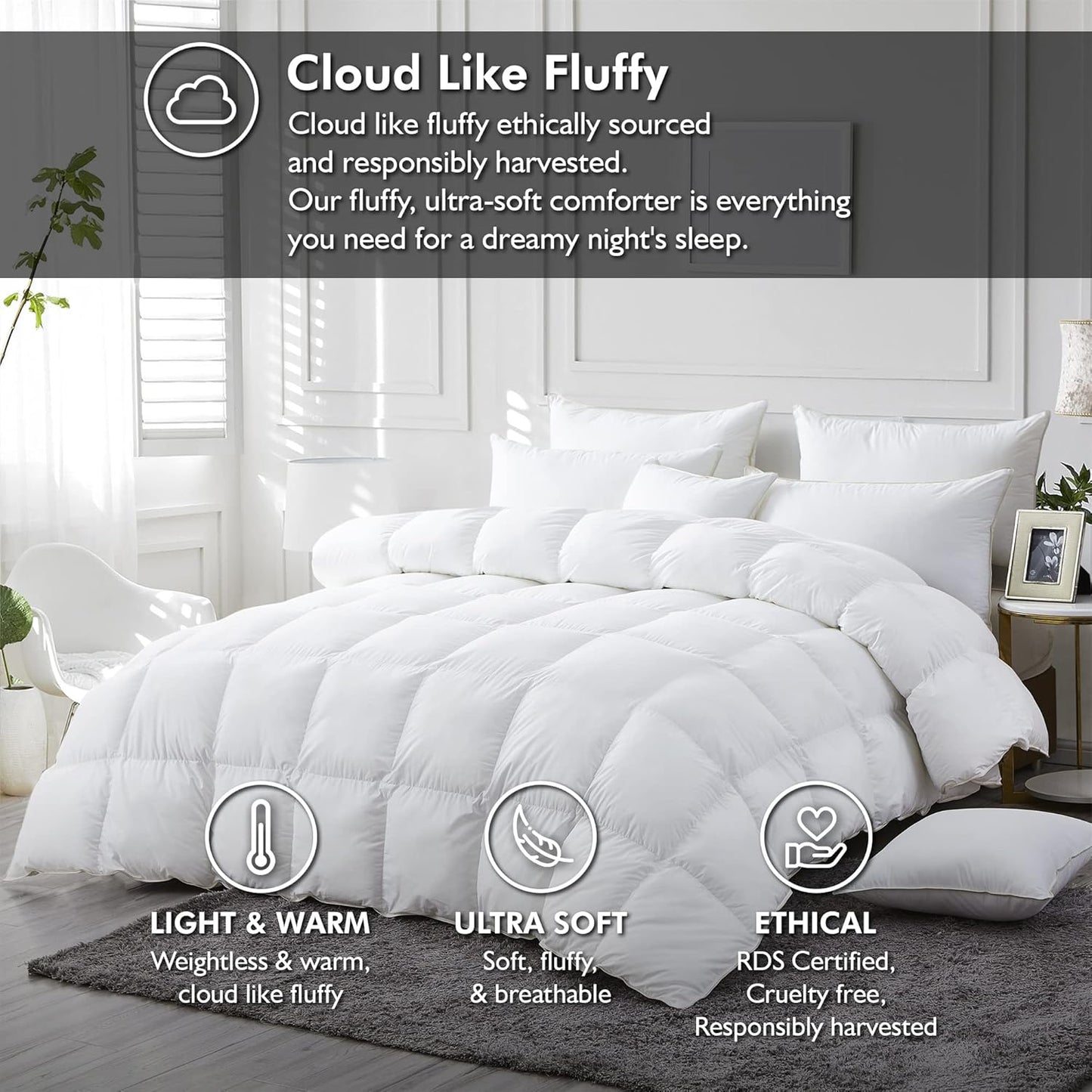 Luxurious White Solid Medium Weight, Queen Size Goose Feathers Down Comforter for All-Season Weather Duvet Insert, Premium Baffle Box, 100% Egyptian Cotton Cover, 60 oz. Fill Weight