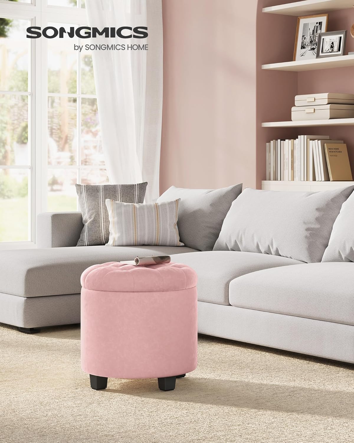 SONGMICS Round Ottoman, Ottoman with Storage, 17.7 x 17.7 x 17.5 Inches, Foot Rest with Legs, Velvet, Load up to 330 lb, for Living Room, Bedroom, Jelly Pink ULOM012R01