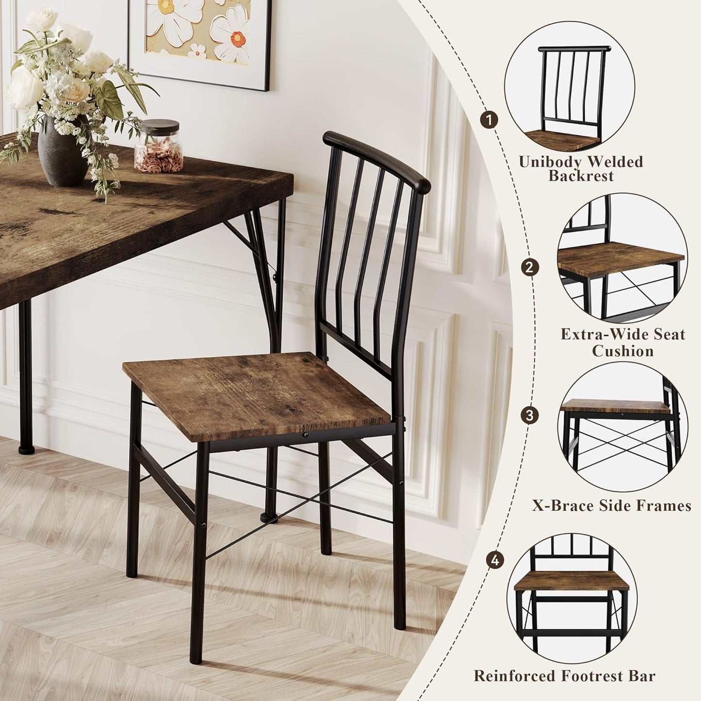 5 Piece Dining Table Set with 1.6" Thick Desktop, Modern Metal&Wood Kitchen Dinner Table with 4 Chairs, Dining Room Table Sets for Small Spaces, Brown