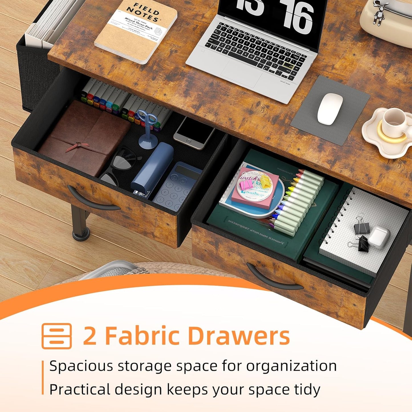Small Desk with Fabric Drawers- for Bedroom, Vanity Desk with Storage, Home Office Computer Desk for Small Spaces, 32 Inch Modern Work Writing Study Table, Vintage