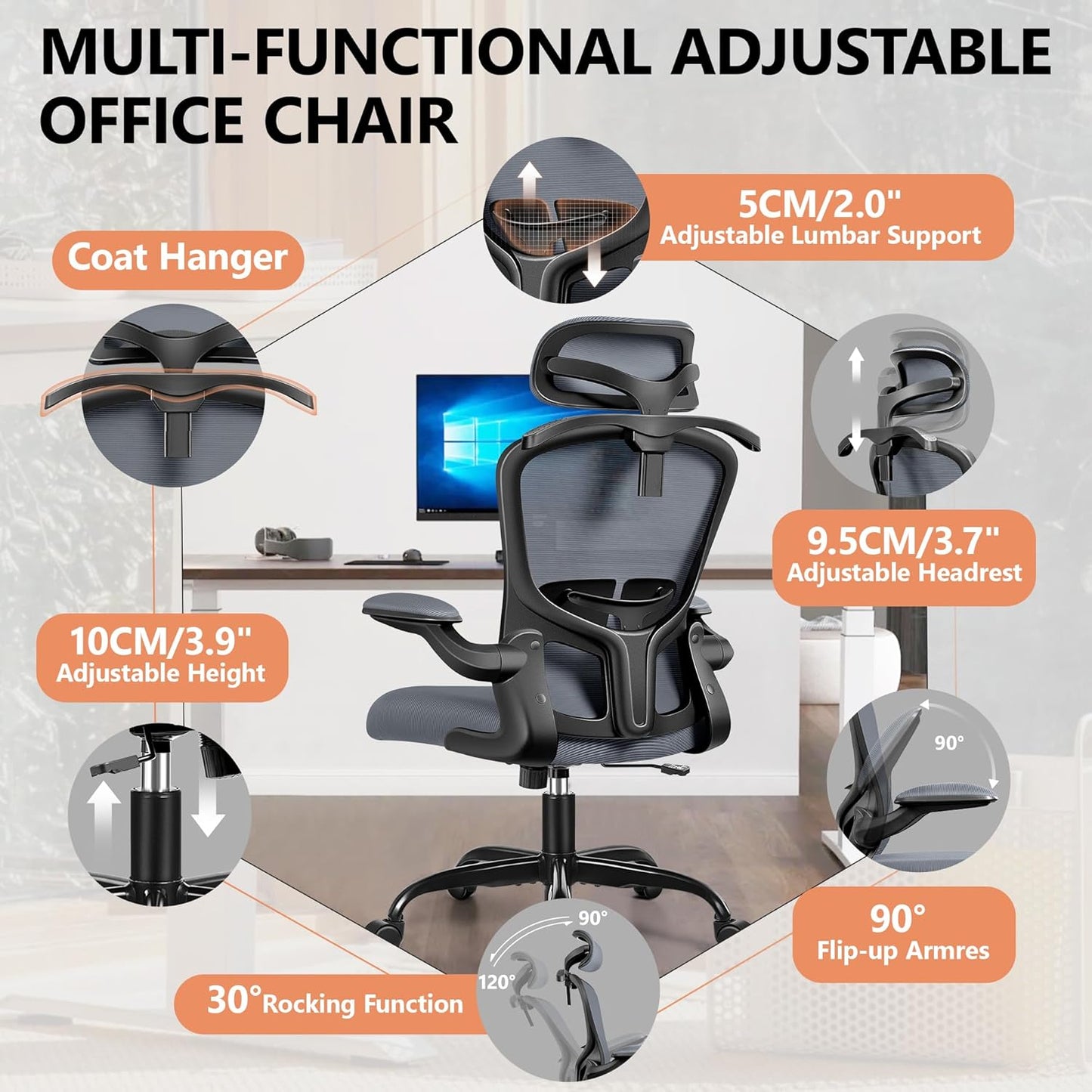 FelixKing Ergonomic Office Desk Chair with Headrest, Adjustable Lumbar Support, Height and Swivel, Comfy Task Chair with Flip-up Armrests, Ergo Mesh Backrest for Working Dark Gray