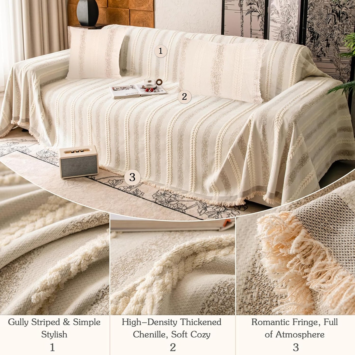 Couch Cover for Dogs Washable Sofa Cover, Sectional Couch Covers, Sofa Covers for 2 Cushion Couch, Non Slip Stripe Sofa Slipcovers Furniture Protector, Couch Protector from Cat Claws, Beige,71''x102''