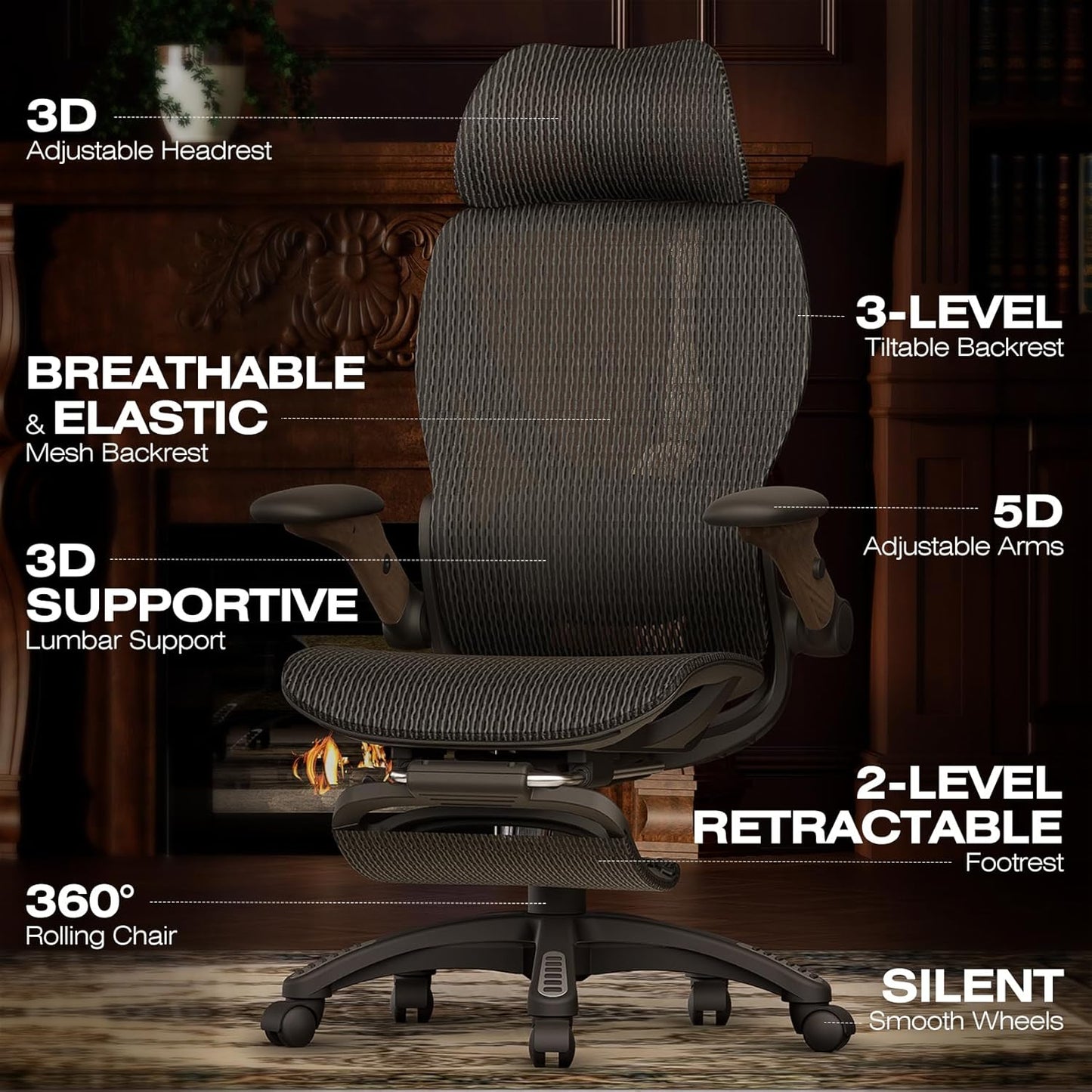 ELABEST X100 Ergonomic Office Chair with Footrest, Big and Tall Home Desk Chair with 5D Flip-Up Arms, Adjustable 3D Lumbar Support,High Back Rolling Computer Chair, Swivel Mesh Chairs (Library Oak)
