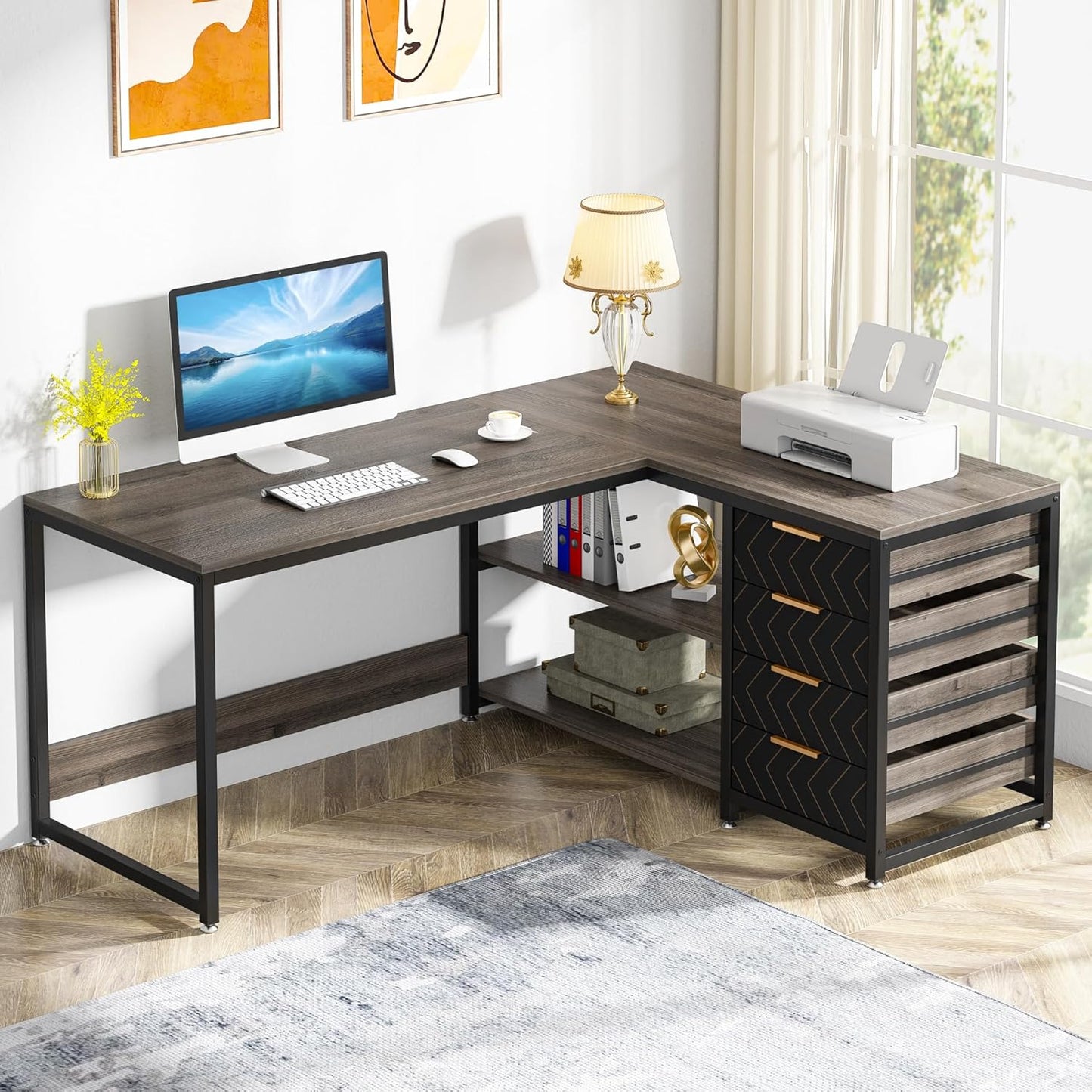 Tribesigns L Shaped Computer Desk with Storage Drawers, 59 inch Corner Desk with Shelves, Reversible L-Shaped Office Desk Writing Table Workstation for Home Office, Grey