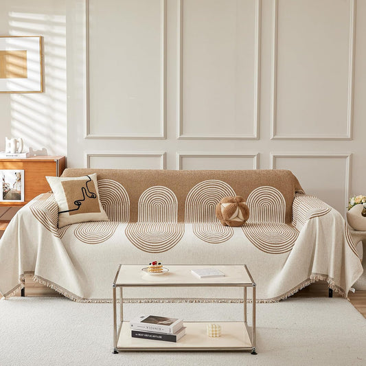 STACYPIK Modern Beige Geometric Couch Cover for Dog Boho Reversible Sofa Covers for 3 Cushion Couch Washable Furniture Protector Chenille Sofa Slipcover Loveseat Cover Multi-Use Throw Blanket-71X150IN