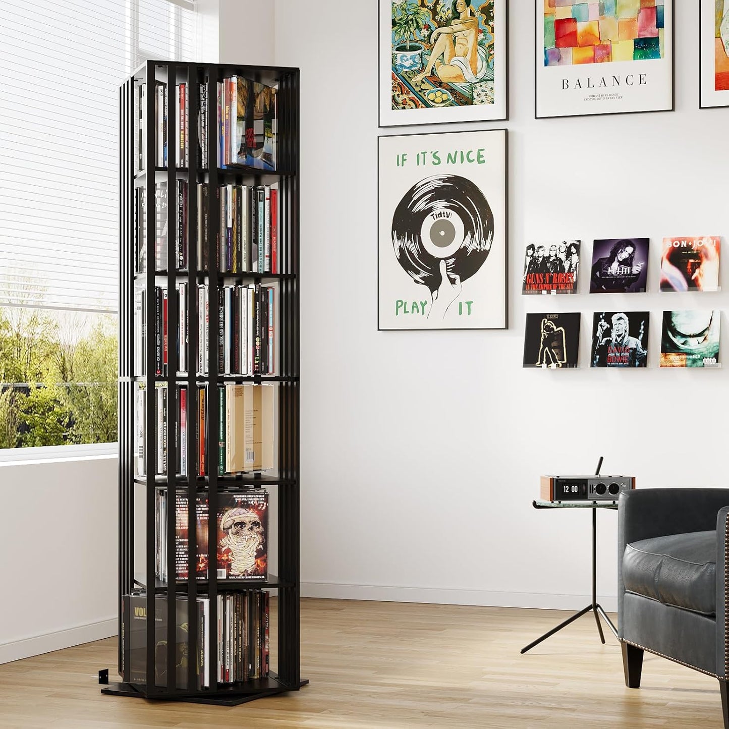 6 Tier Rotating Bookshelf, 360° Spinning Narrow Bookcase Tower, Space Saving Floor Standing Wood Shelf & CD Organizer for Small Spaces, Bedroom, Living Room, Office (Black, 6-Tier)