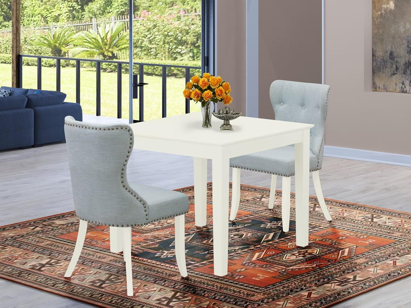 East West Furniture OXSI3-LWH-15 3 Piece Dining Room Furniture Set Contains a Square Dining Table and 2 Baby Blue Linen Fabric Upholstered Parson Chairs, 36x36 Inch, Linen White