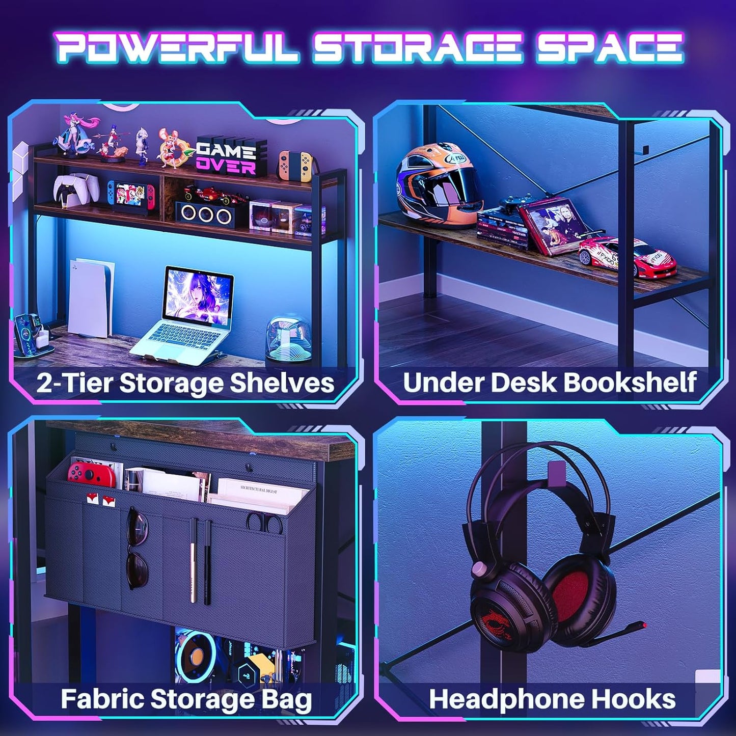 Aheaplus L Shaped Desk Gaming Desk, 59" L Shaped Computer Desk with LED Light & Power Outlet, Reversible Home Office Desk Gamer Desk with Shelves & Storage Bag & Hooks, Corner PC Desk, Rustic Brown