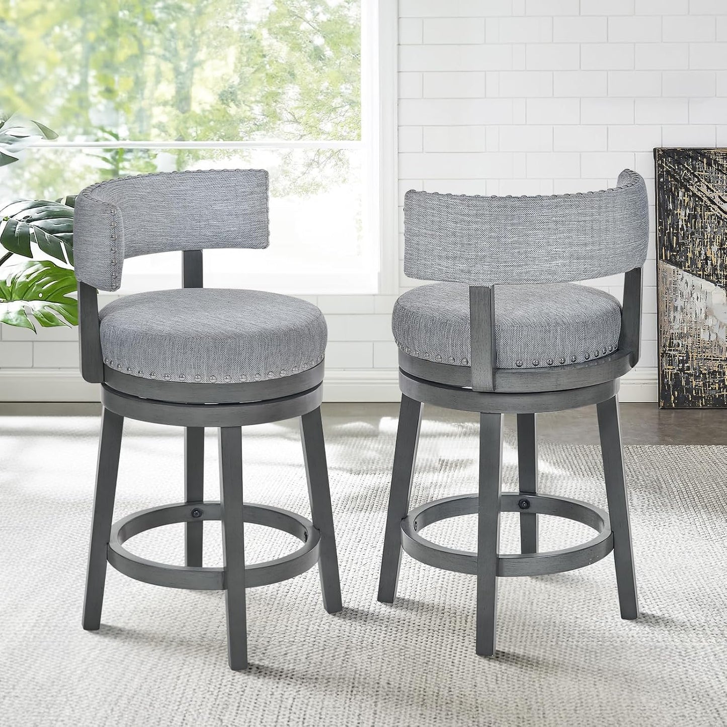 COLAMY Swivel Bar Stool Set of 2, Modern Swivel Barstool with Back, Counter Height Bar Stools, 25 Inch Upholstered Wood Barstool for Kitchen Island Dining Room Bar, Grey