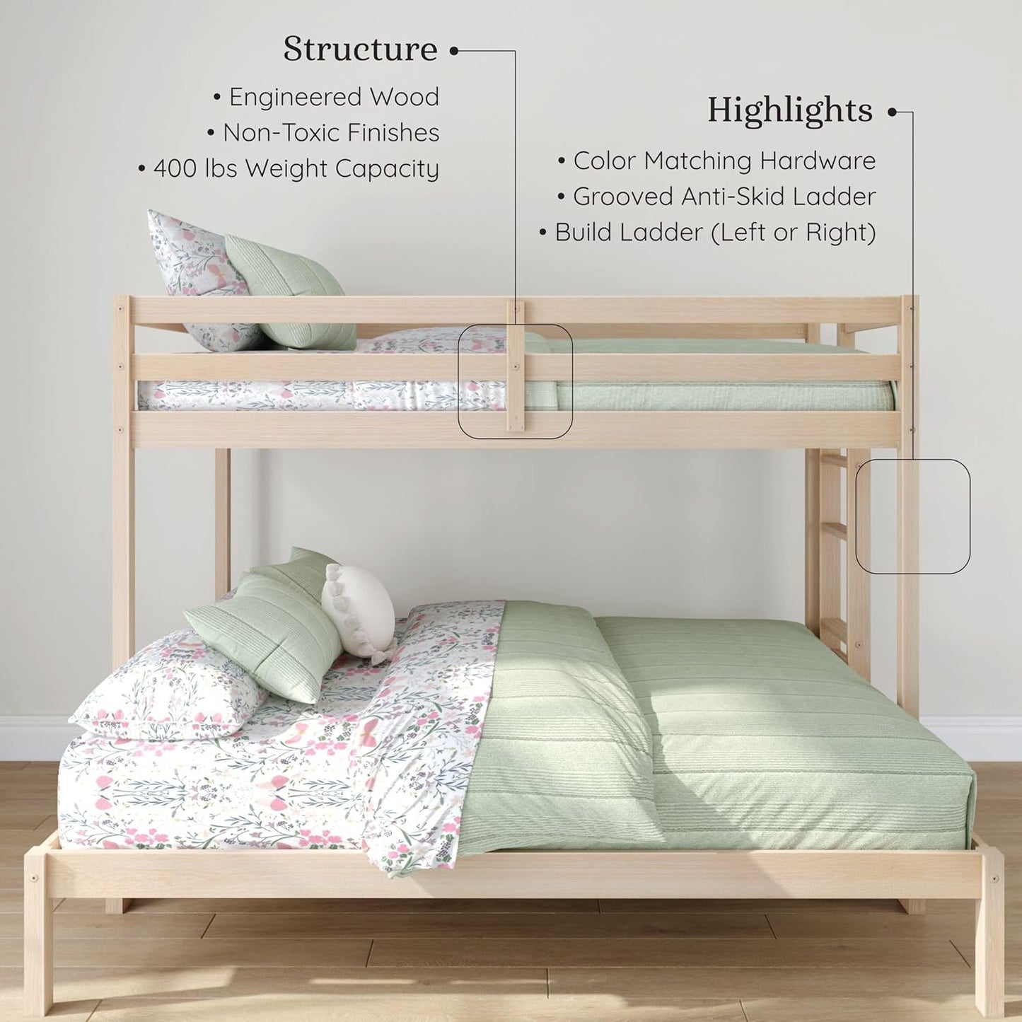 Grain & Grove Bear Twin XL Over Queen Bunk Bed, Sturdy Bunk Bed Frame for Kids, Plywood Bunk with Ladder, Guardrail, and Slats, No Box Spring Required, Oak Embossed Natural