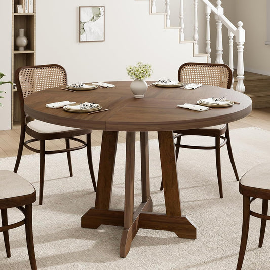 GarveeHome Round Dining Table for 4,Kitchen Dining Room Circle Dinner Pedestal Table,Space Saving Wood Kitchen & Dining Room Furniture,Brown 47-inch Diameter