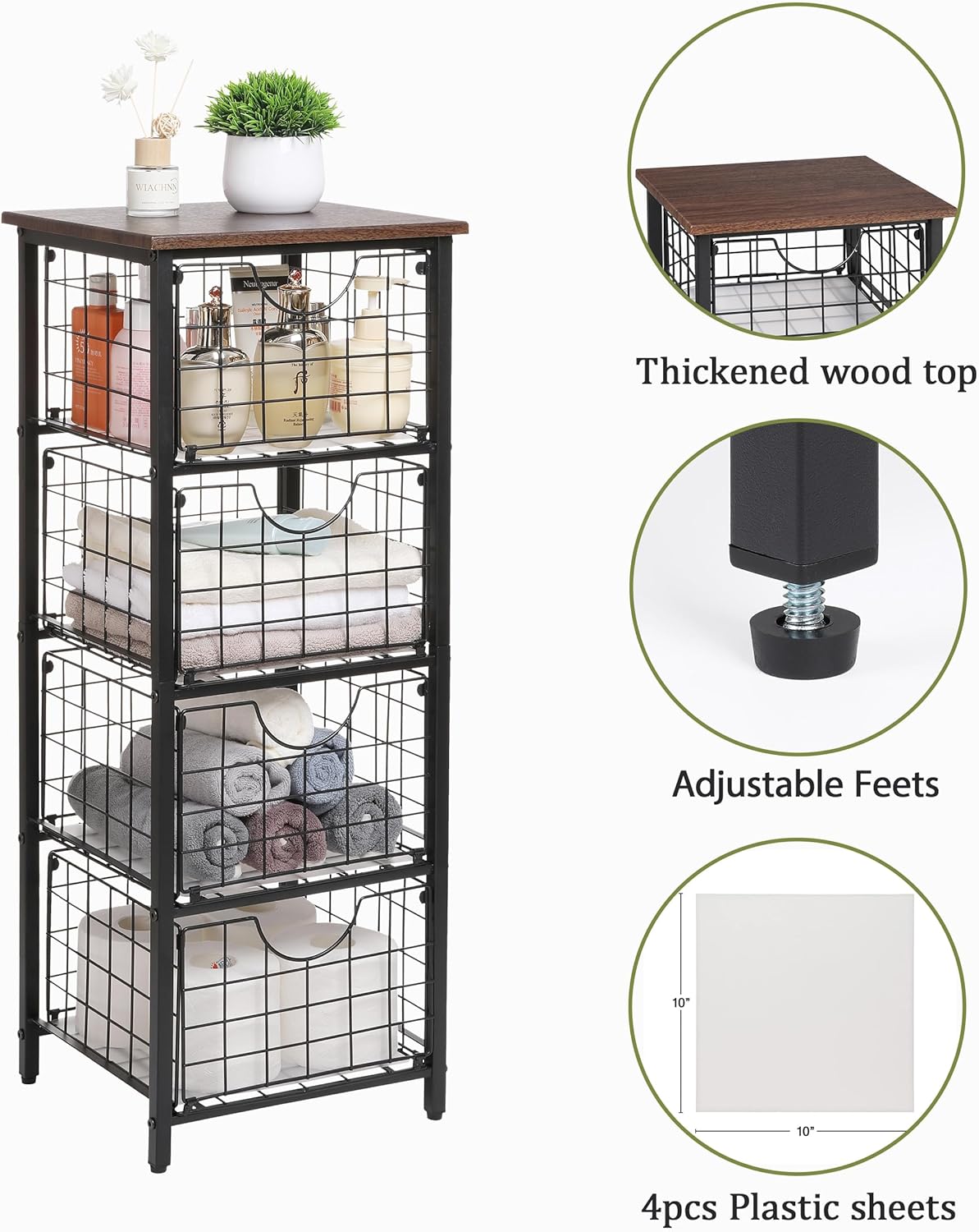 5-Tier FreeStanding Storage Shelves with 4 Pull-Out Baskets,Bathroom Organizer Shelves Unit with WoodTop,Fruit Basket for Kitchen,Storage Tower Organizer Basket Cart for Bathroom，Black