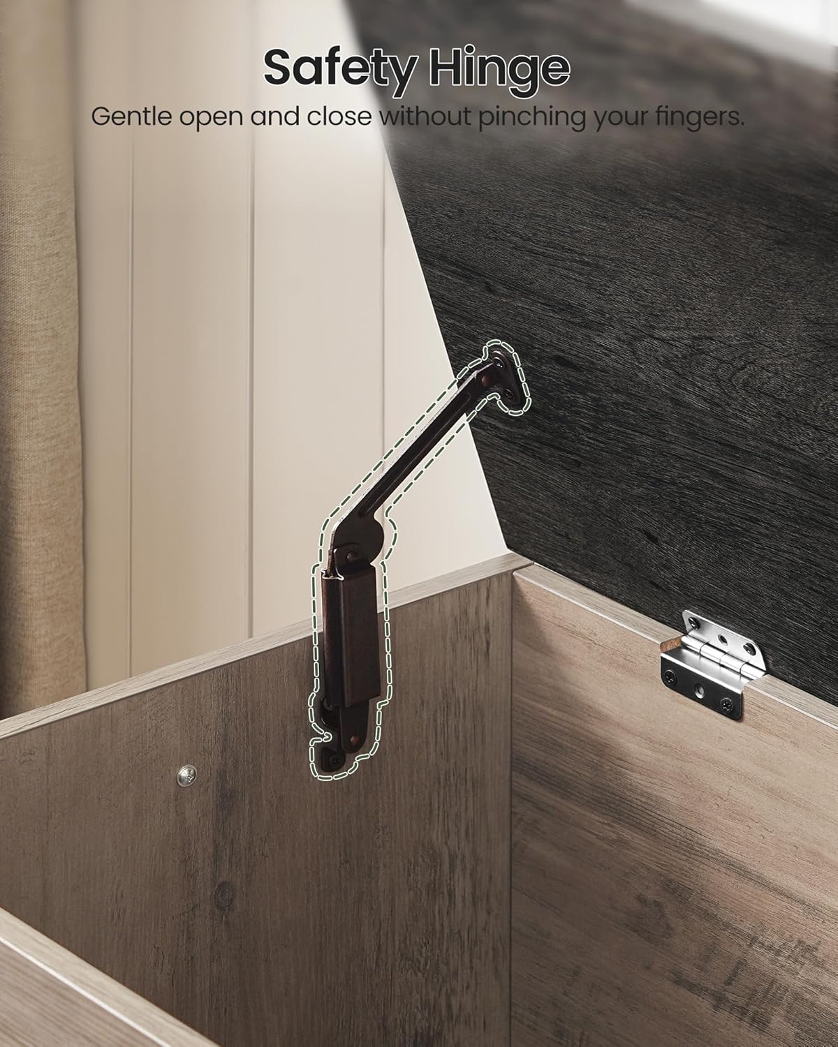 Storage Chest, 43.3" Wooden Storage Trunk, Retro Storage Bench with Safety Hinge, Toy Box, Farmhouse Style, for Bedroom, Living Room, Charcoal Gray and Greige MCW11HC