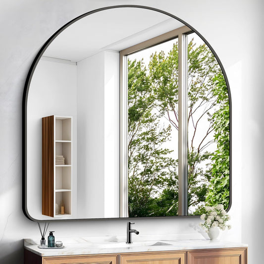 Arched Bathroom Mirror, 30"x30" Black Arched Mirror for Bathroom, Wall Mounted Mirror, Gold Vanity Wall Mirror Metal Frame for Bedroom, Entryway, Living Room, Vertically Hanging