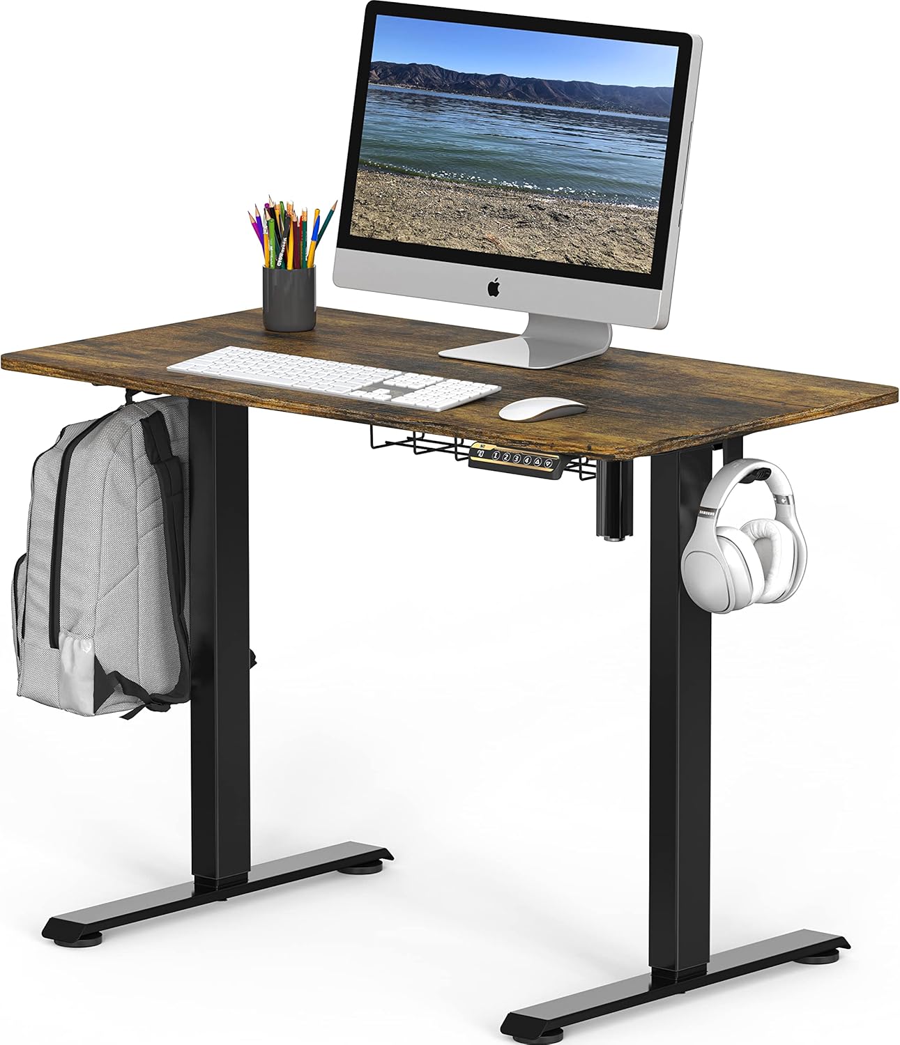 SHW 48-Inch Electric Height Adjustable Sit to Stand Desk with Hanging Hooks and Cable Management, Black Frame and Rustic Brown Top