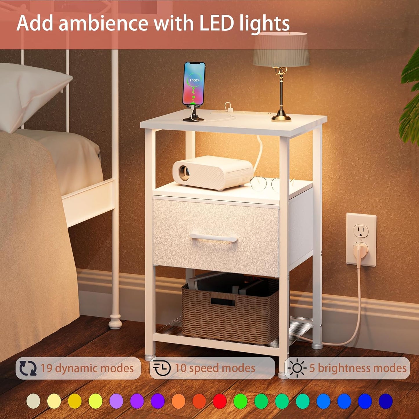 Nightstands Set of 2 with Charging Station and Drawer, End Table Bedside Table with 20 Colors LED Light Strip and 2 Layers Shelf for Bedroom Living Room Sofa Couch (White)