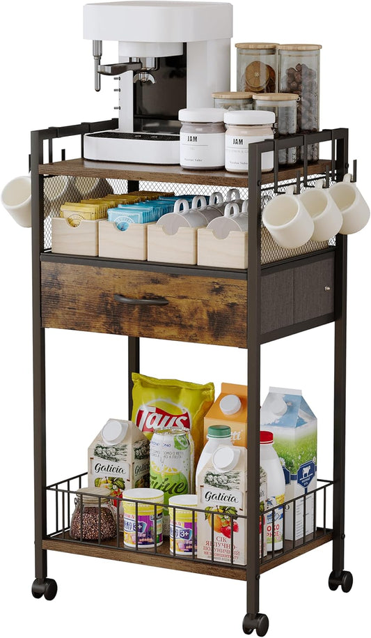 Small Coffee Bar Cart with Drawer Srorage, Coffee Bar Station Organizer Mug Cup Holder Stand, 3-Tier Coffee Table for Home Buffets & Sideboards, Office Coffee Station for Kichen, Entryway, Living Room