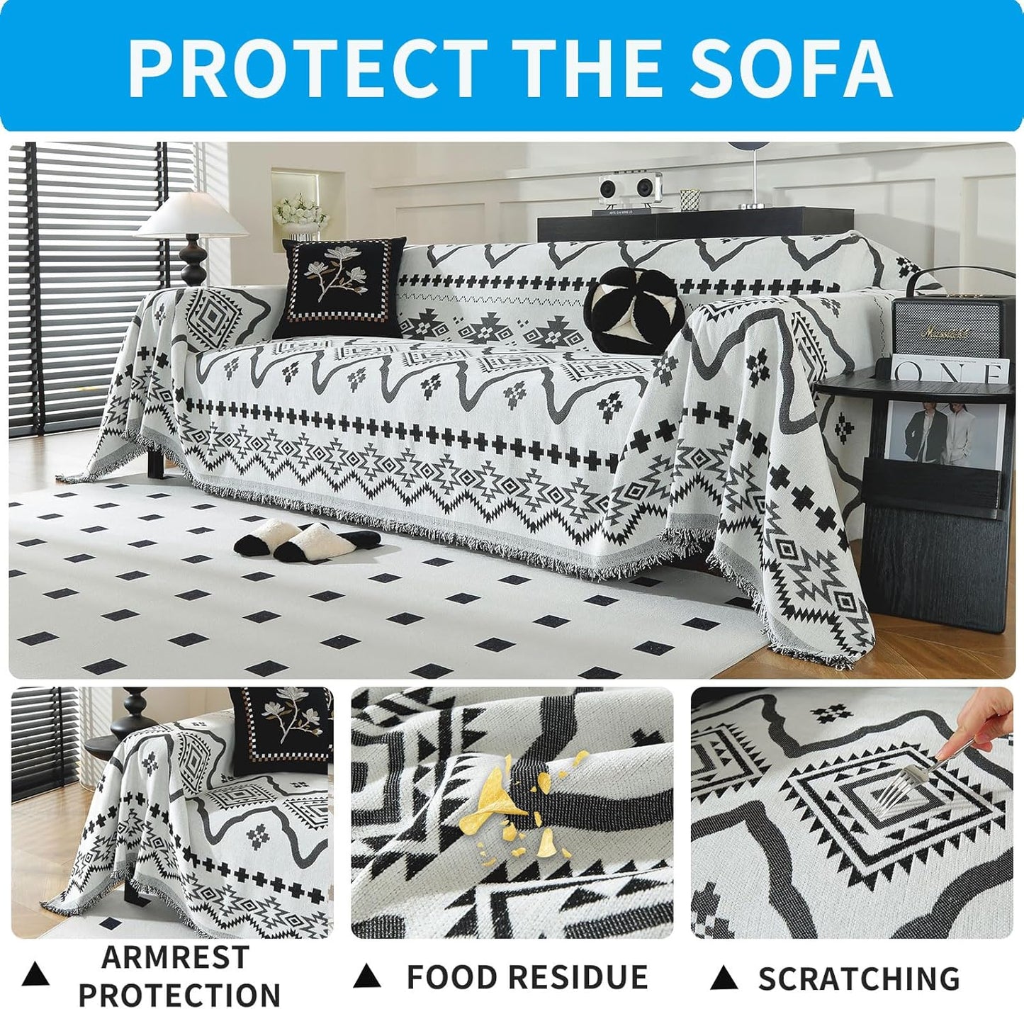 LUFEIJIASHI Boho Couch Covers for Sofa Non Slip Sofa Covers Washable Couch Covers for 3 Cushion Couch Sofa Pet Friendly Sectional Couch Cover Blanket Furniture Protector for Dogs (Black, 71"x118")