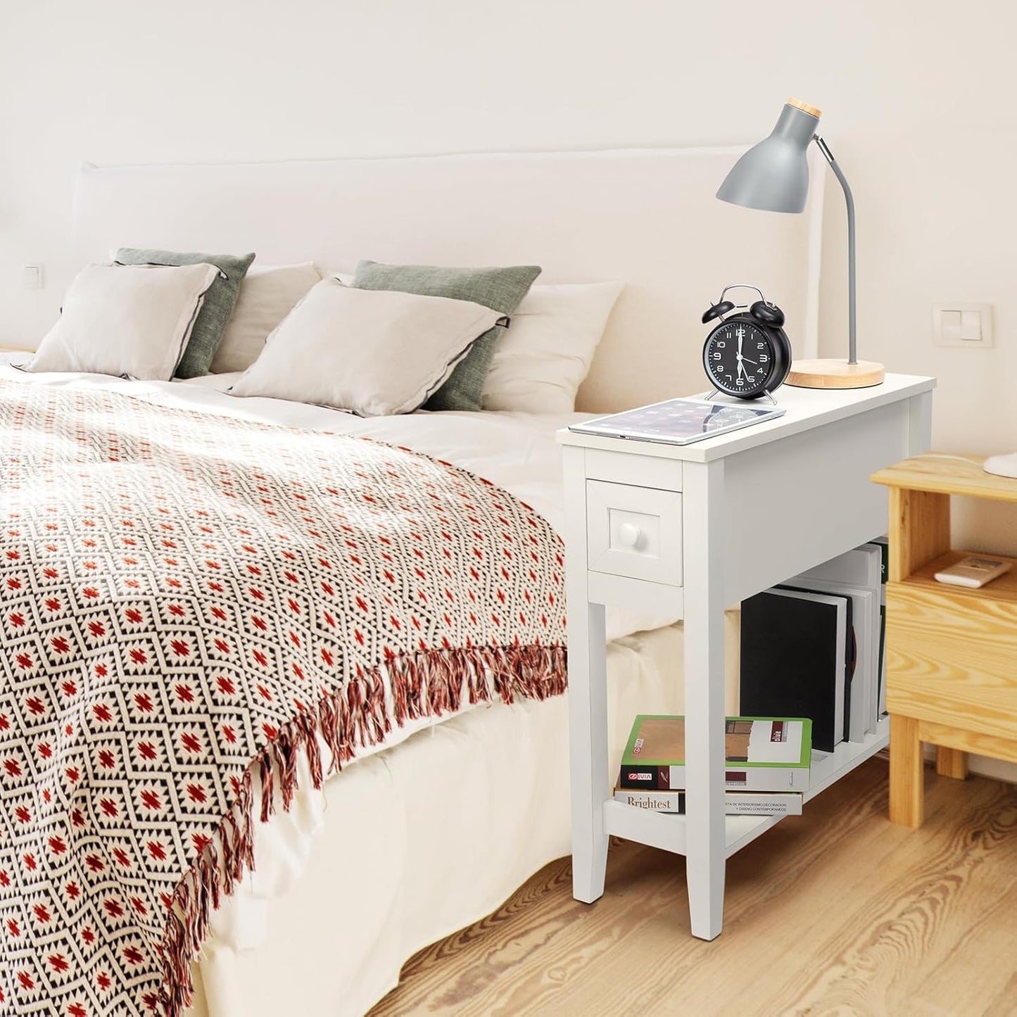 Narrow Side Table for Small Spaces, White Side Table with Drawer, Slim Bed Side Table/Night Stand Set of 2, Couch Side Table