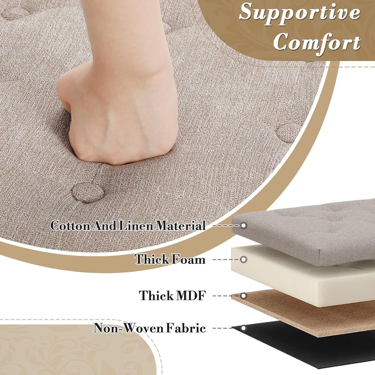 Athena Collection 24.5 Inch Small Ottoman with Storage, Round Linen Fabric Storage Ottoman Foot Rest with Removable Lid, Multipurpose Footstool Footrest for Livingroom, Bedroom, Dorm, Beige