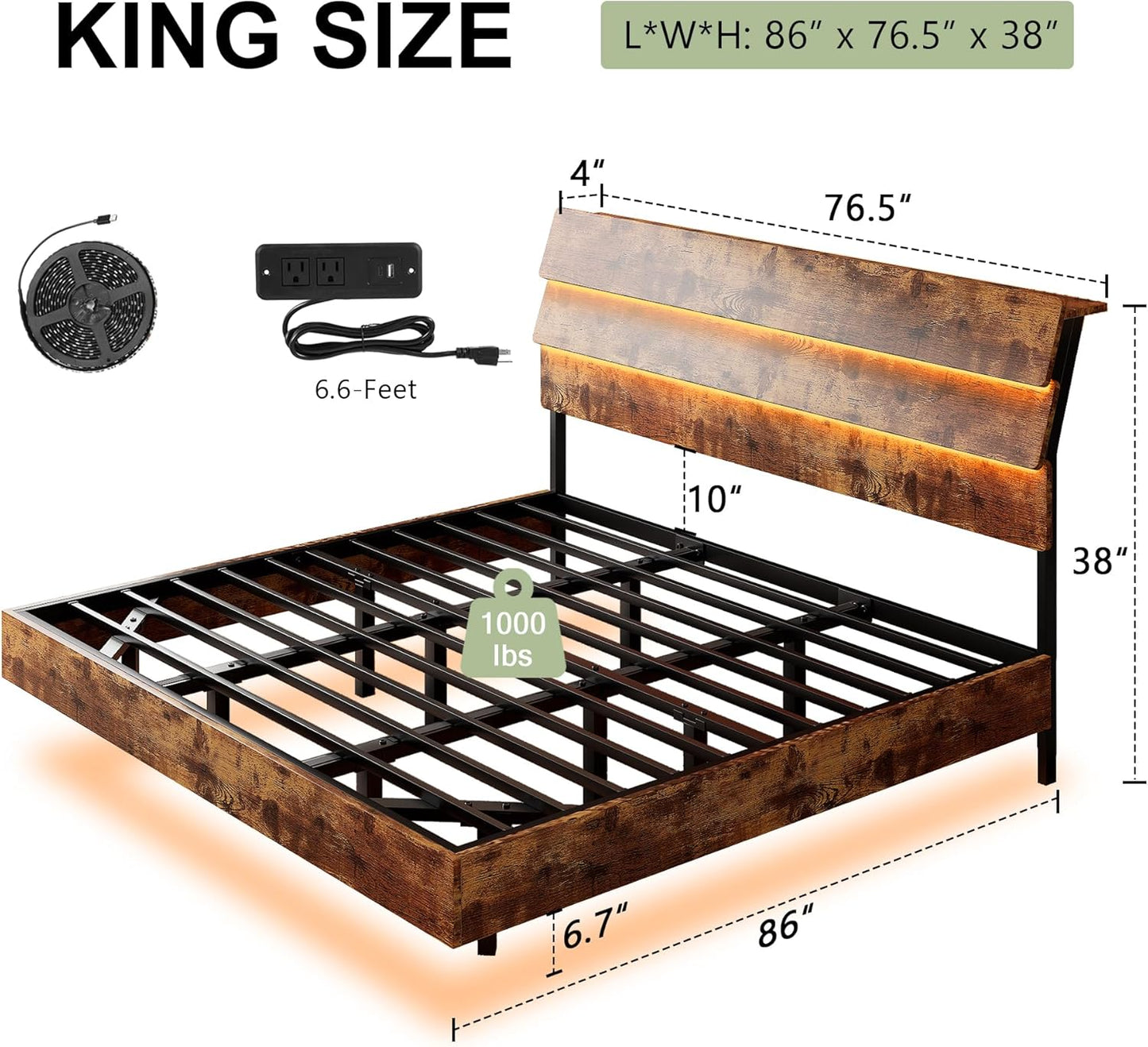 Feonase Floating Bed Frame King with Led Lights and Charging Station, Wood Full Size Bed Frame with Storage Headboard, Heavy Duty Metal Slats, No Box Spring Needed, Easy Assembly,Vintage Brown