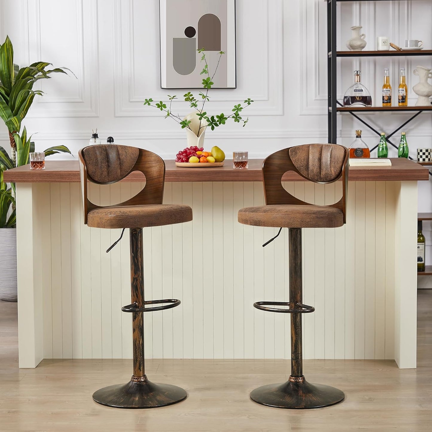 VECELO BarStools Set of 4,Kitchen Island Stools with Bentwood Back,Arm&Footrest,Counter Height Bar Chairs PU Leather Cushion Seat Adjustable Height 360°Swivel,Island Chairs for Club Pub,Rustic Brown