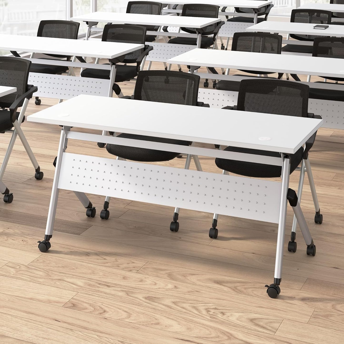 Bush Business Furniture Folding Training Table Set for 2, 72 inch Desk with Powered Grommets and 2 Chairs with Arms, Commercial-Grade Bundle for Office or Classroom, Envision Collection, White