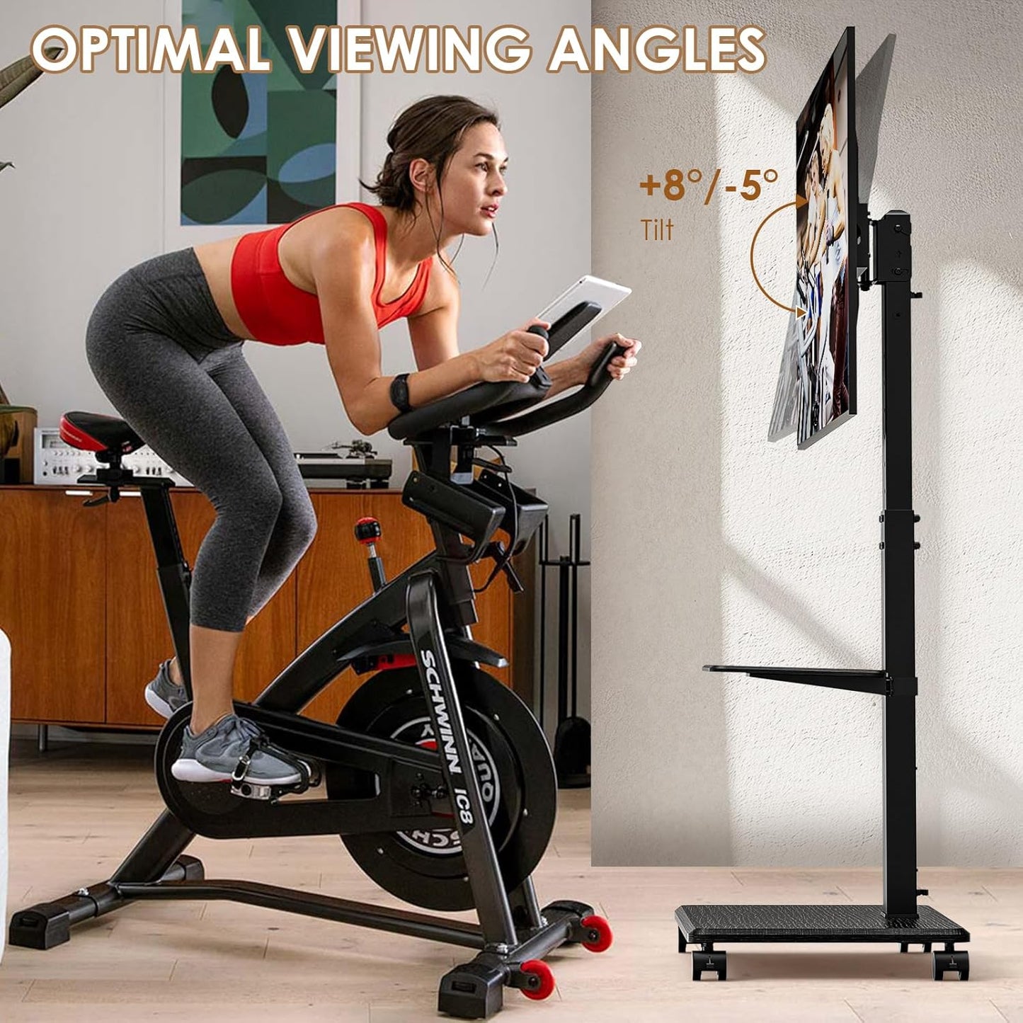 Mobile TV Stand with Wheels, Swivel Rolling TV Stand for 32-75 Inch TVs with Shelf, Landscape to Portrait, Height Adjustable Portable TV Cart with Tilt, VESA 600x400mm, 110lbs Capacity