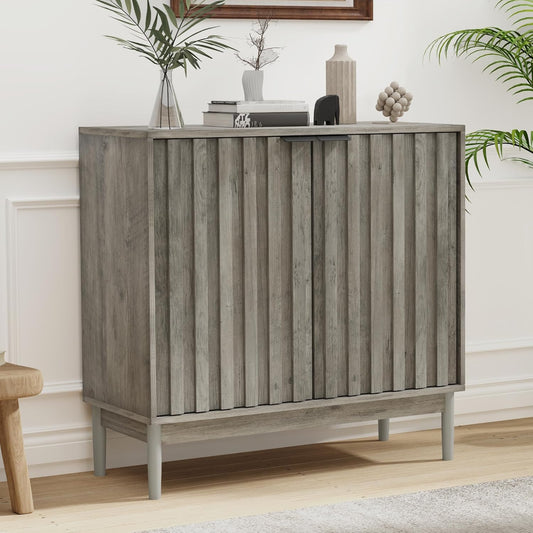 Fluted Cabinet with Storage, Small Buffet Cabinet Sideborad with Door, Kitchen Buffet Storage Accent Cabinets with Adjustable Shelves for Living Room, Entry, Hallway, Gray