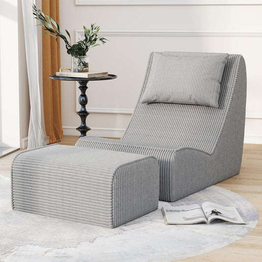 Giant Bean Bag Chair for Adults,Corduroy Chaise Lounge with Unrivaled Back Support, Detachable Neck Pillow, Comfortable Ottoman & Washable Cover for Living Room, Bedroom, Garden (Grey)
