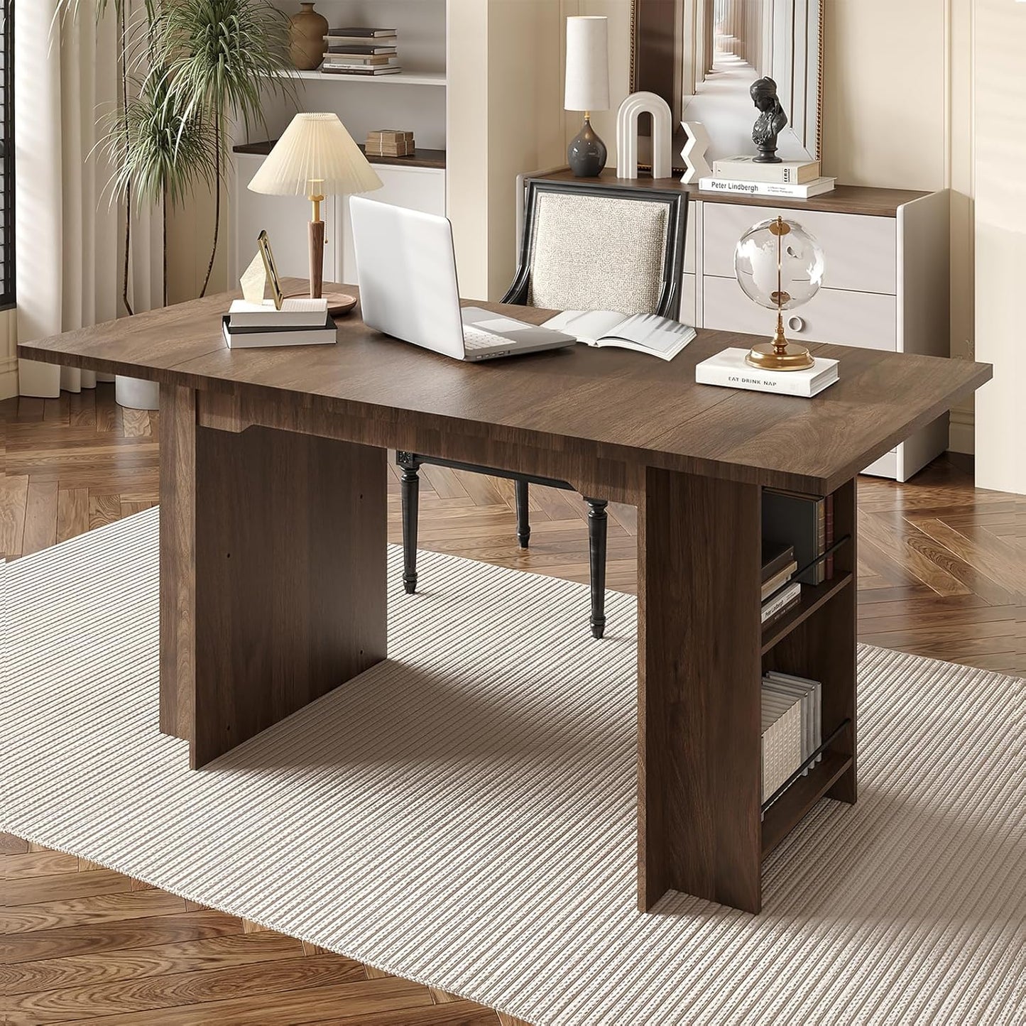 Garvee 63 Inch Dining Table for 2-4, Farmhouse Rectangular Kitchen Table with Waterproof Wood Tabletop, Heavy Duty Legs & 2-Tier Storage Shelves for Kitchen, Dining Room, Walnut