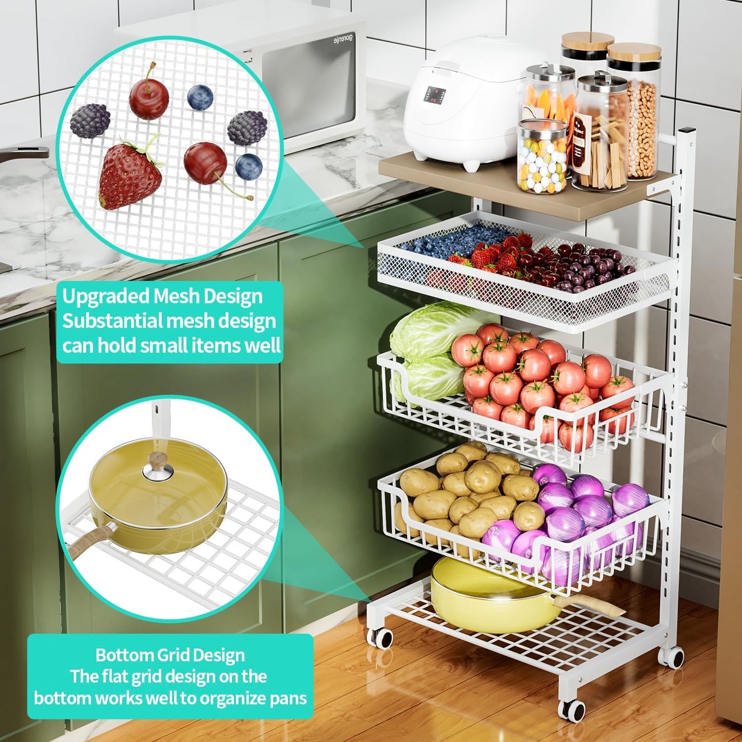 HapiRm Fruit Basket Kitchen Cart - 5 Tier Adjustable Vegetable Storage Rack, Large Capacity Rolling Kitchen Carts on Wheels for Snack Onion and Potato Storage