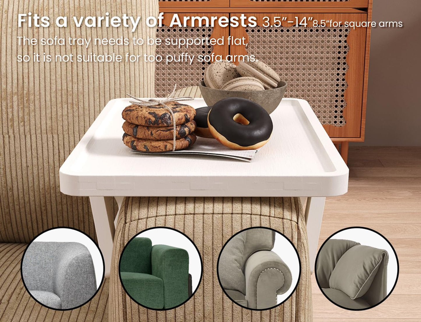 2 Pack Couch Arm Tray,Bamboo Folding Sofa Tray,Sofa Armrest Trays Clip-On Couch Desk for Drinks,Snacks,Phone,Remote Control（White）